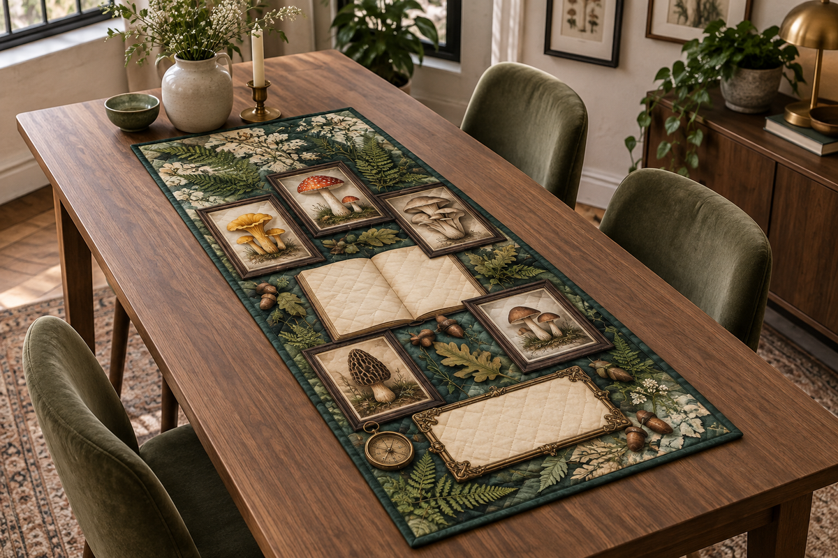 One table runner with a blank field journal, five framed mushroom studies, layered ferns, oak leaves and a blank parchment name plaque in a refined apartment gallery style.