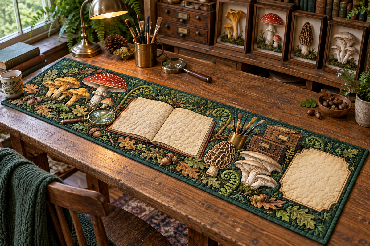 One table runner with a blank field journal, mushroom specimen frames, woodland mushrooms, artist brushes, specimen drawers, magnifying glass and blank parchment name plaque.