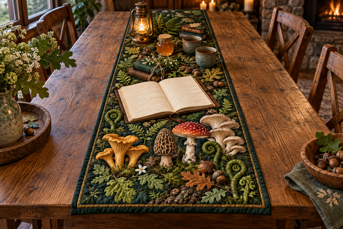 One table runner with a blank field journal, mushroom studies, woodland mushrooms, tea cups, honey jar, botanical gift sprig, amber lantern and blank parchment name plaque.