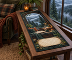 One table runner with a rain-speckled arched window overlooking a misty evergreen forest, cushioned reading bench, blank open book, steaming mug, knit throw, brass lamp and blank parchment name plaque.