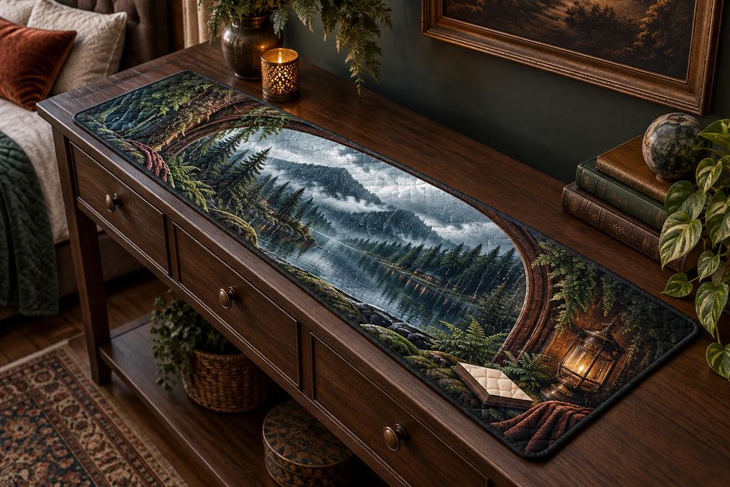 One table runner with a floor-to-ceiling rain-speckled arched window overlooking misty evergreen mountains and a dark reflective lake, ferns, warm brass lamp and blank parchment name plaque.