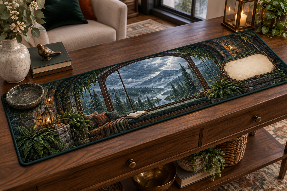 One table runner with a grand panoramic rain-speckled arched window overlooking a misty evergreen valley, silver river and distant mountains, brass lanterns and blank parchment name plaque.