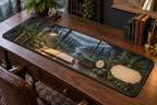 One table runner with a rain-covered arched window overlooking a misty pine forest and river, a walnut writing desk, blank notebook and parchment name plaque.