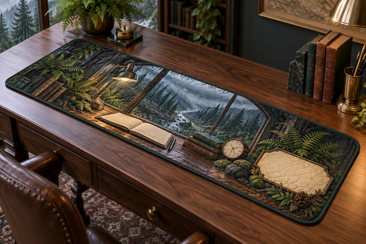One table runner with a rain-covered arched window overlooking a misty pine forest and river, a walnut writing desk, blank notebook and parchment name plaque.