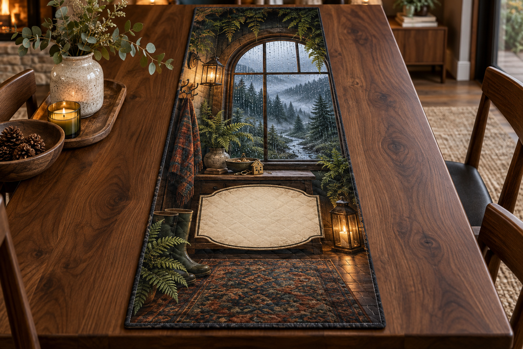 One table runner with a rainy arched window, misty pine forest, warm lantern, house key charm and blank parchment name plaque.
