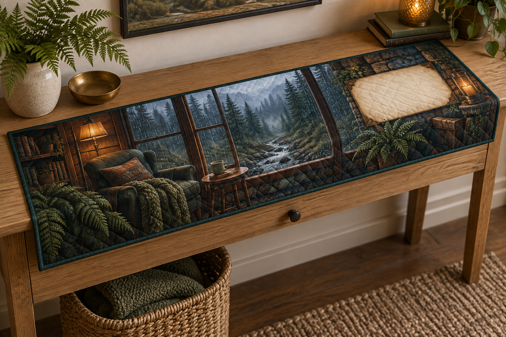 One table runner with a rain-beaded cottage window, foggy evergreens, reading chair, amber lamp and blank parchment name plaque.