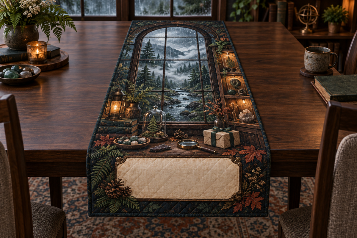 One table runner with a rain-streaked forest window, curated botanical specimens, polished stones, wrapped gift and blank parchment name plaque.