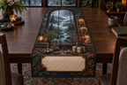 One table runner with a rain-streaked forest window, curated botanical specimens, polished stones, wrapped gift and blank parchment name plaque.