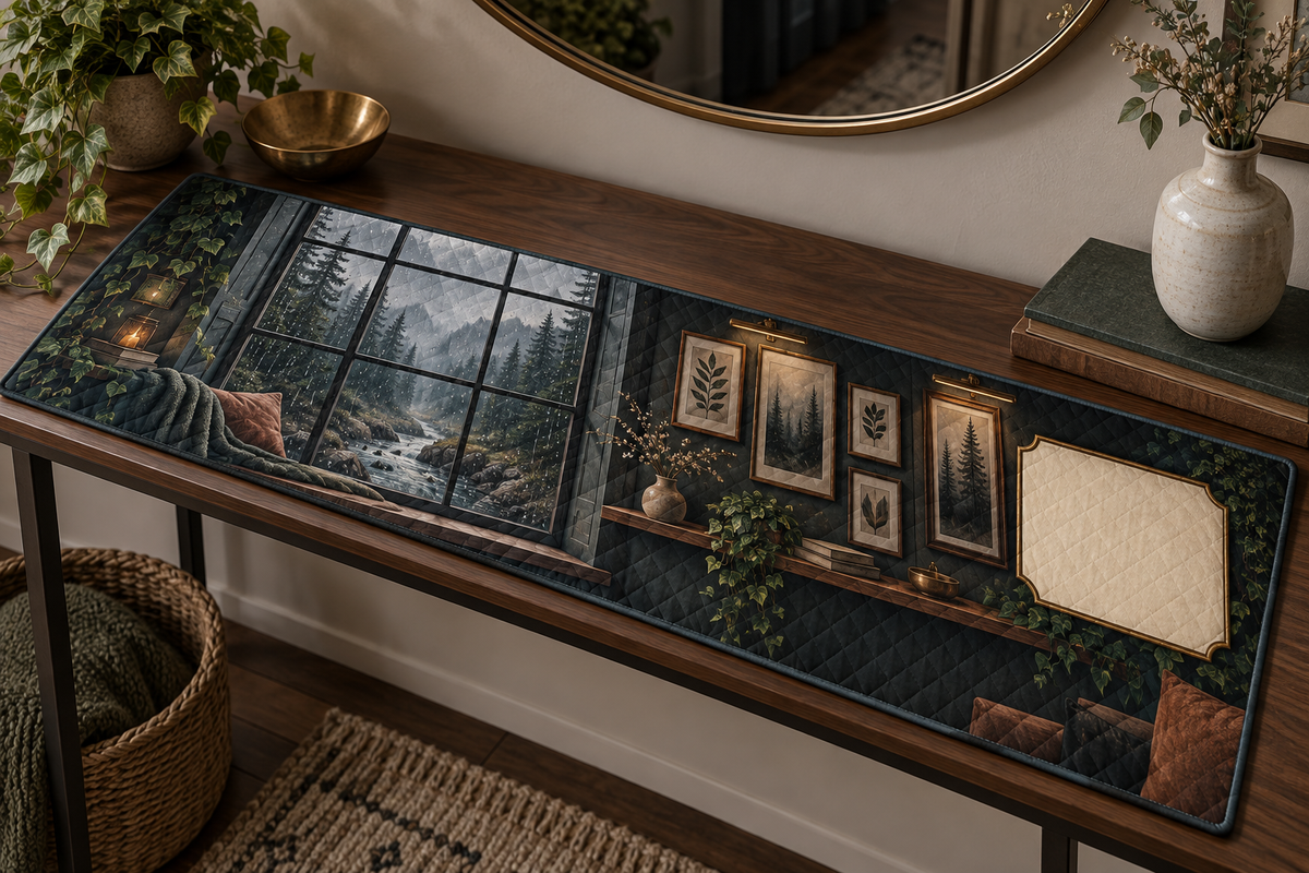 One table runner with a rain-beaded loft window, misty pine creek, botanical gallery wall, warm picture lights and blank parchment name plaque.