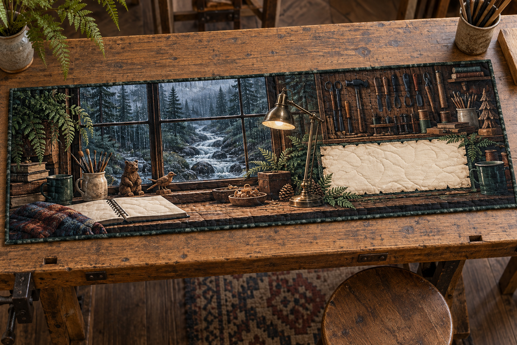 One table runner with a rain-speckled workshop window, pine creek, maker tools, brass lamp and blank parchment name plaque.