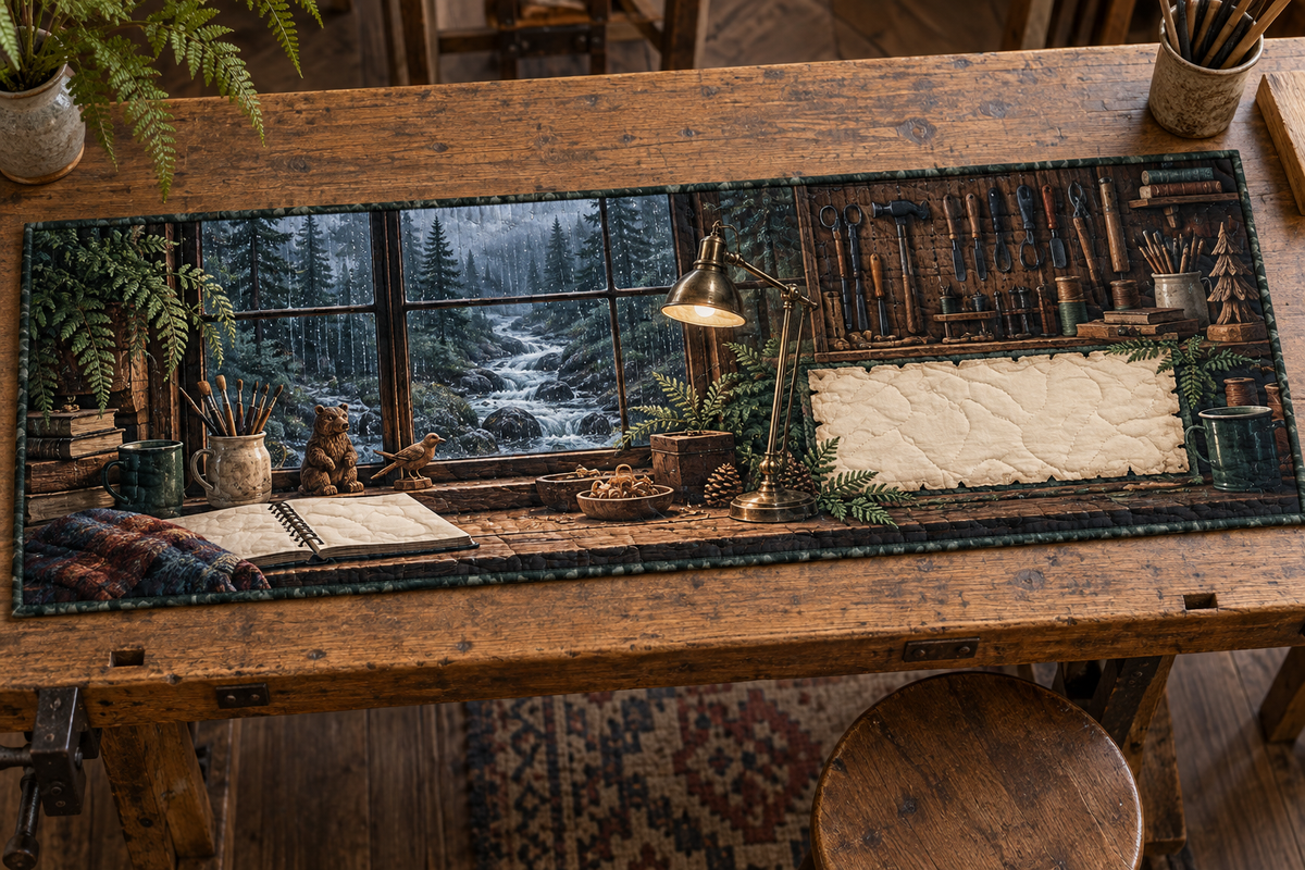 One table runner with a rain-speckled workshop window, pine creek, maker tools, brass lamp and blank parchment name plaque.