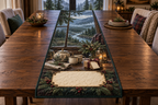 One table runner with a rain-dappled forest window, tea service, woodland bouquet, wrapped gift and blank parchment name plaque.