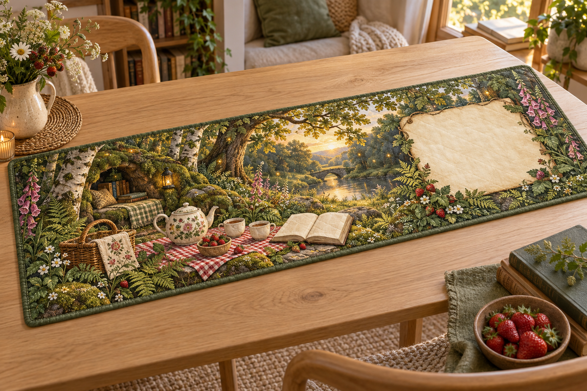 One table runner with a woodland tea picnic, mossy reading alcove, wildflowers, strawberries and blank parchment name plaque.