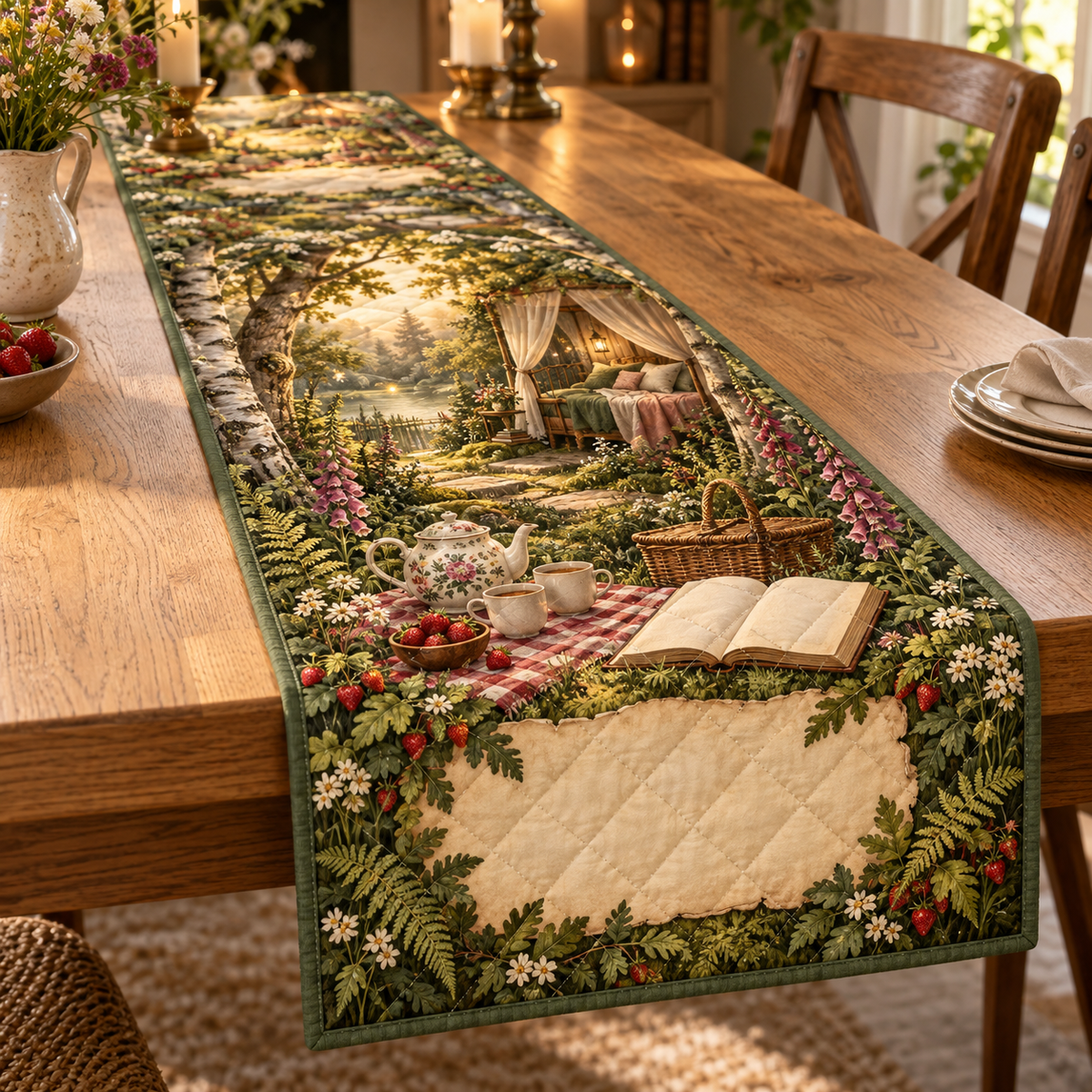 One table runner with a woodland tea picnic, dreamy canopy-bed retreat, wildflowers, strawberries and blank parchment name plaque.