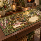One table runner with a woodland tea picnic, stone-fireplace lounge, wildflowers, strawberries and blank parchment name plaque.