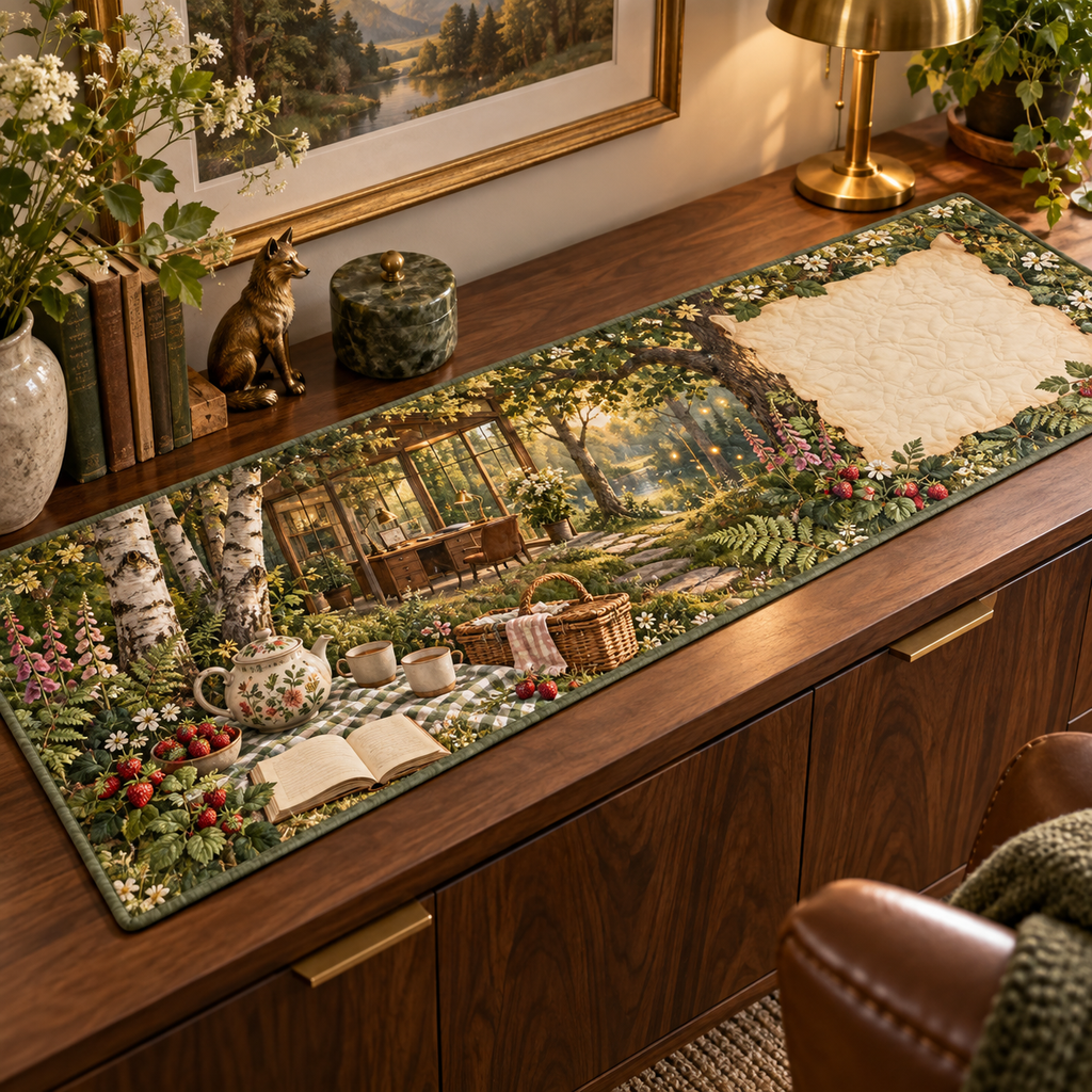 One table runner with a woodland tea picnic, glass-walled writing studio, wildflowers, strawberries and blank parchment name plaque.