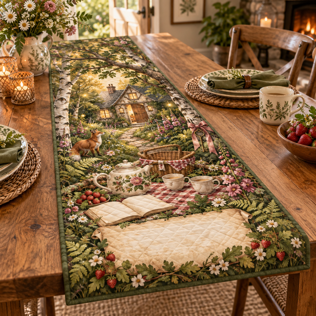 One table runner with a woodland tea picnic, welcoming cottage, key, wildflowers, strawberries and blank parchment name plaque.