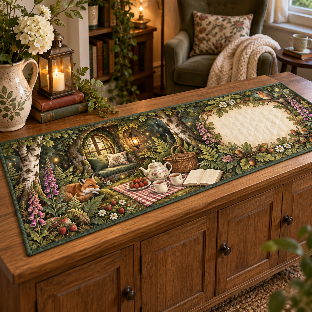 One table runner with a woodland tea picnic, lantern-lit window seat, wildflowers, strawberries and blank parchment name plaque.