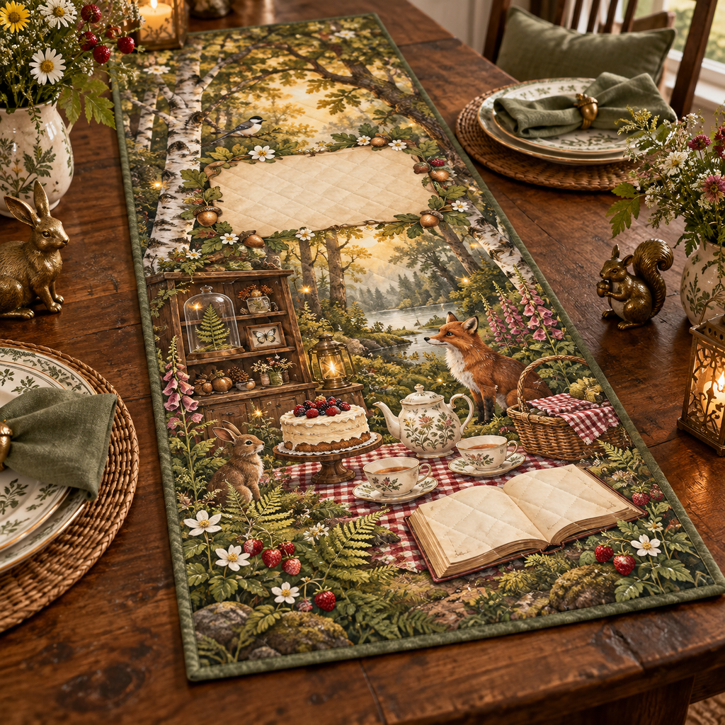 One table runner with a woodland tea picnic, curiosity cabinet, berry cake, botanical specimens and blank parchment name plaque.