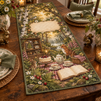 One table runner with a woodland tea picnic, curiosity cabinet, berry cake, botanical specimens and blank parchment name plaque.