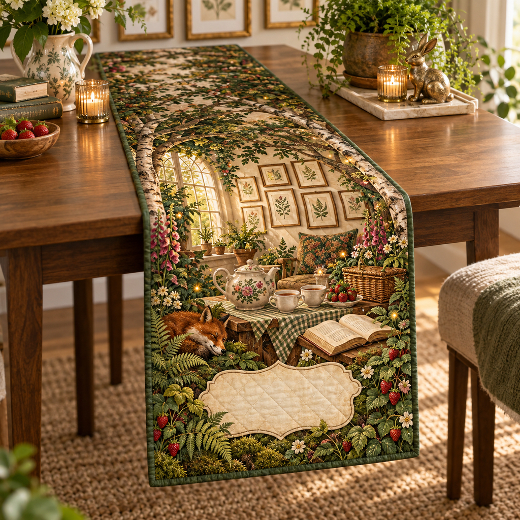 One table runner with a woodland tea picnic, apartment botanical gallery, wildflowers, strawberries and blank parchment name plaque.