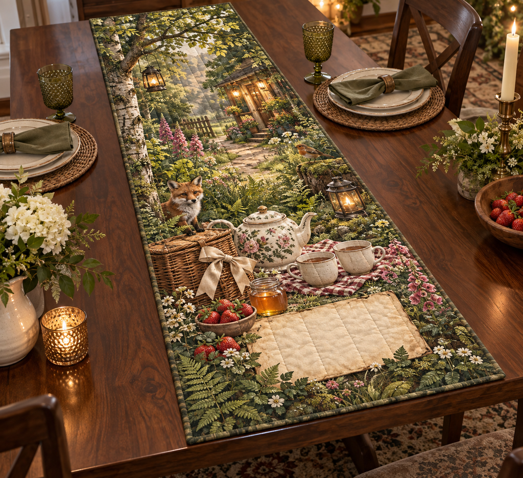 One table runner with a welcoming woodland tea picnic, cottage lights, plain gift and blank parchment name plaque.