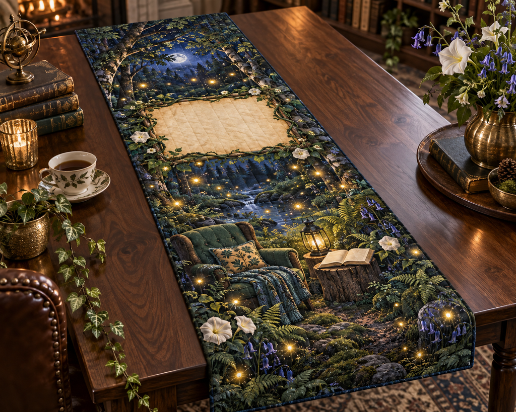 One table runner with a twilight firefly clearing, cozy reading chair, blank book pages and parchment name plaque.