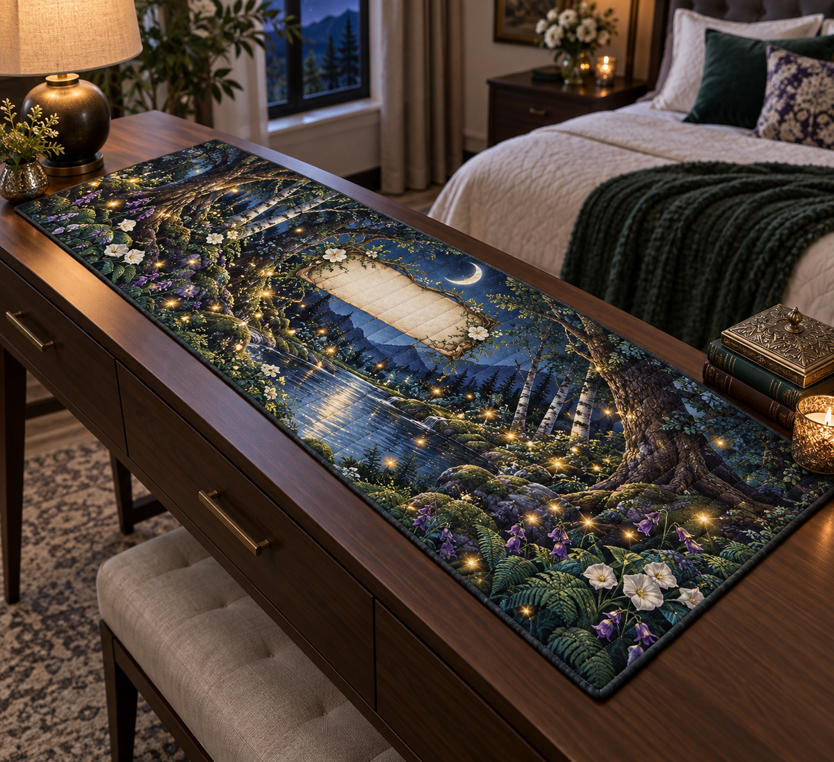 One table runner with a dramatic moonlit firefly clearing, reflecting pool and blank parchment name plaque.