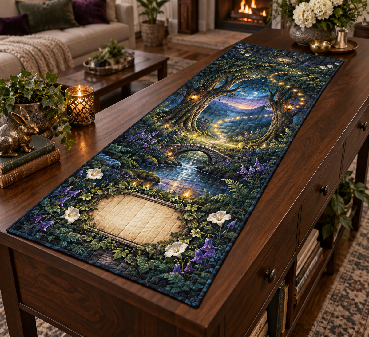 One table runner with a grand firefly clearing, tiny stone bridge, winding stream and blank parchment name plaque.