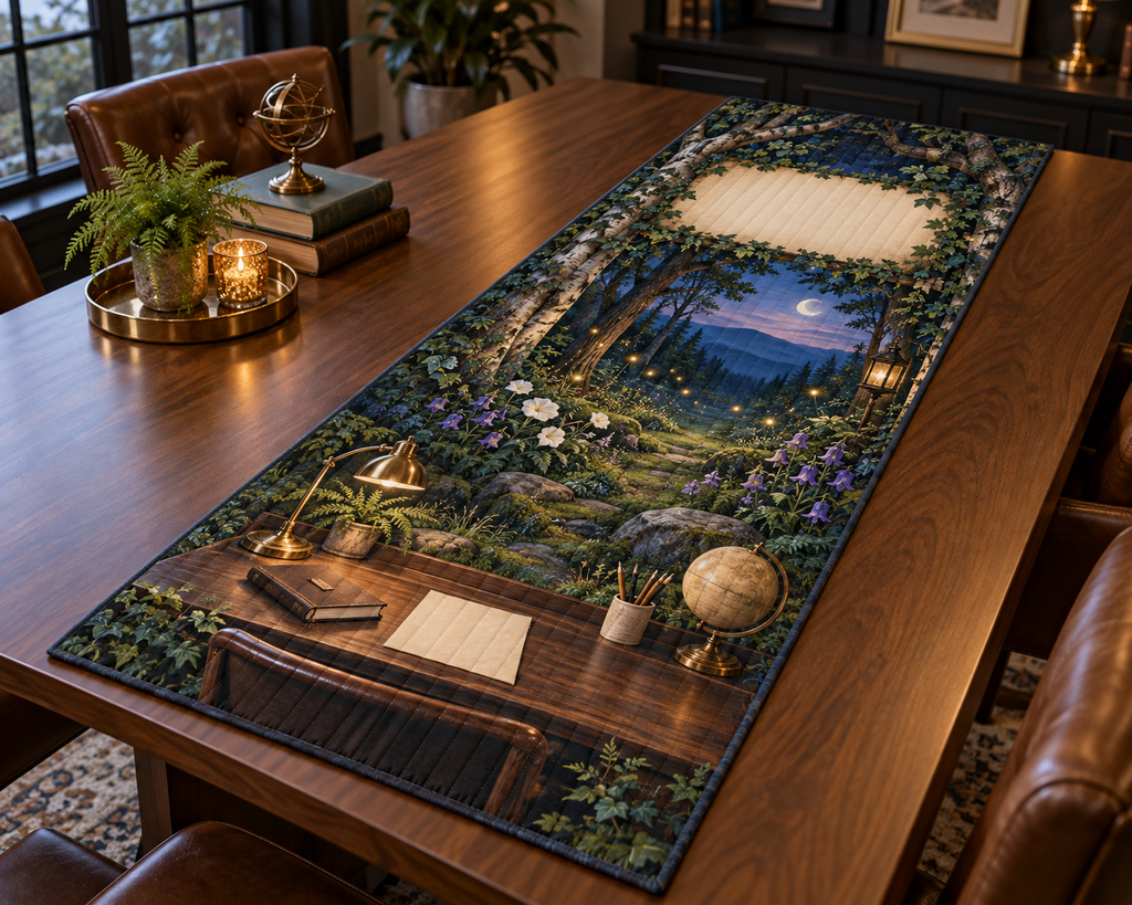 One table runner with a twilight firefly clearing, refined home-office study and blank parchment name plaque.
