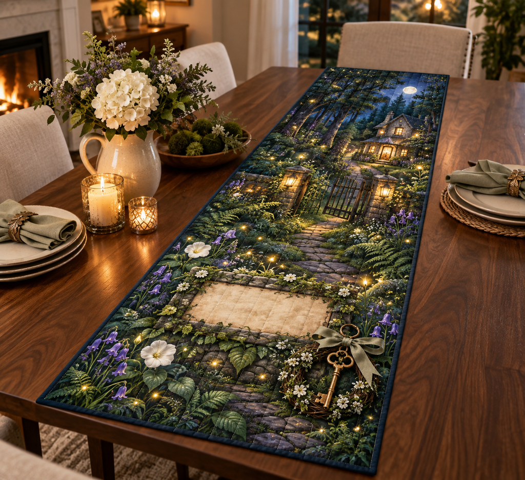 One table runner with a glowing firefly cottage, arched gate, antique key and blank parchment name plaque.
