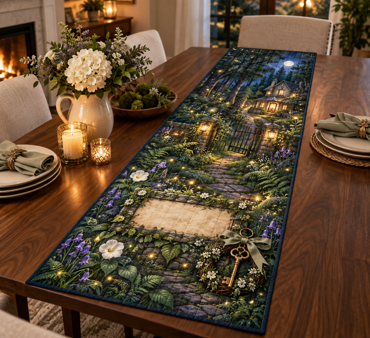 One table runner with a glowing firefly cottage, arched gate, antique key and blank parchment name plaque.