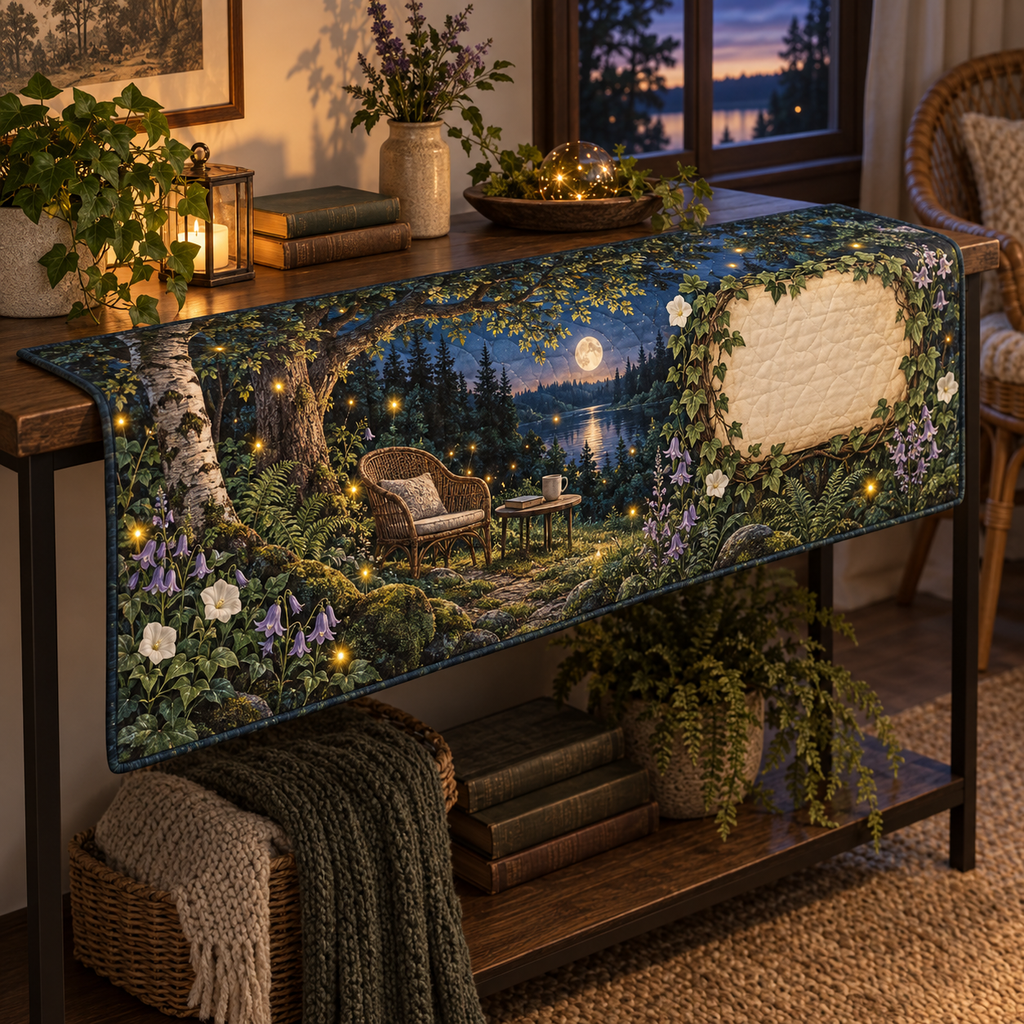 One table runner with a tranquil firefly clearing, rattan chair, side table and blank parchment name plaque.