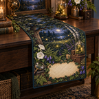 One table runner with a firefly clearing, brass magnifying glass, glass cloche, collector drawers and blank parchment name plaque.