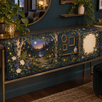 One table runner with a firefly clearing, compact gallery alcove, empty frames and blank parchment name plaque.