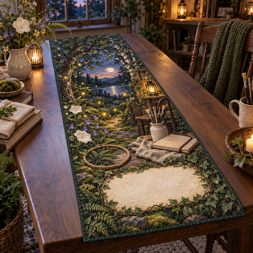 One table runner with a firefly clearing, embroidery hoop, paintbrush jar, blank sketchbook and blank parchment name plaque.