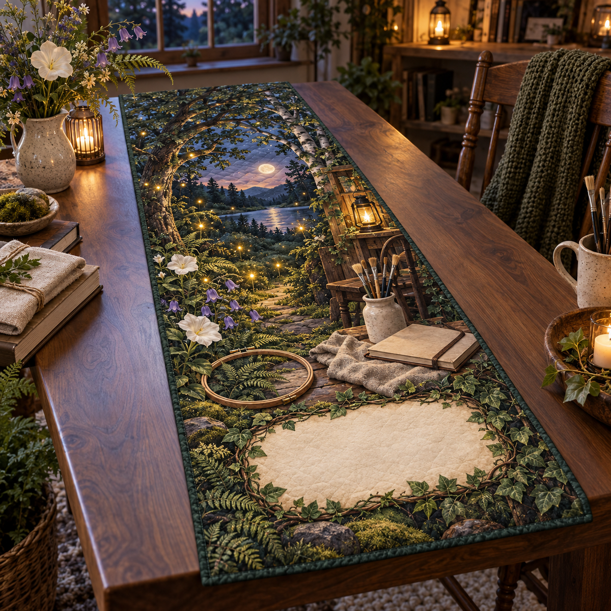 One table runner with a firefly clearing, embroidery hoop, paintbrush jar, blank sketchbook and blank parchment name plaque.