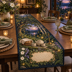 One table runner with a firefly clearing, ceramic tea set, covered bread basket, rosemary sprig and blank parchment name plaque.
