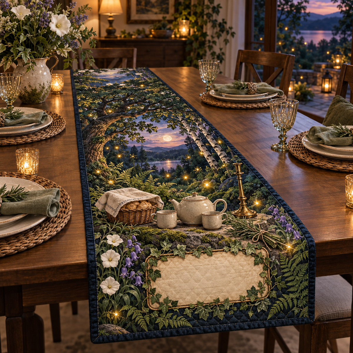 One table runner with a firefly clearing, ceramic tea set, covered bread basket, rosemary sprig and blank parchment name plaque.