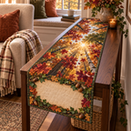One table runner with a sunlit autumn canopy, cozy window-seat reading nook and blank parchment name plaque.