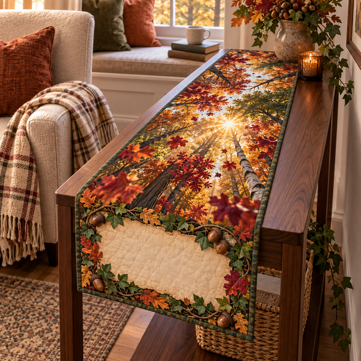 One table runner with a sunlit autumn canopy, cozy window-seat reading nook and blank parchment name plaque.