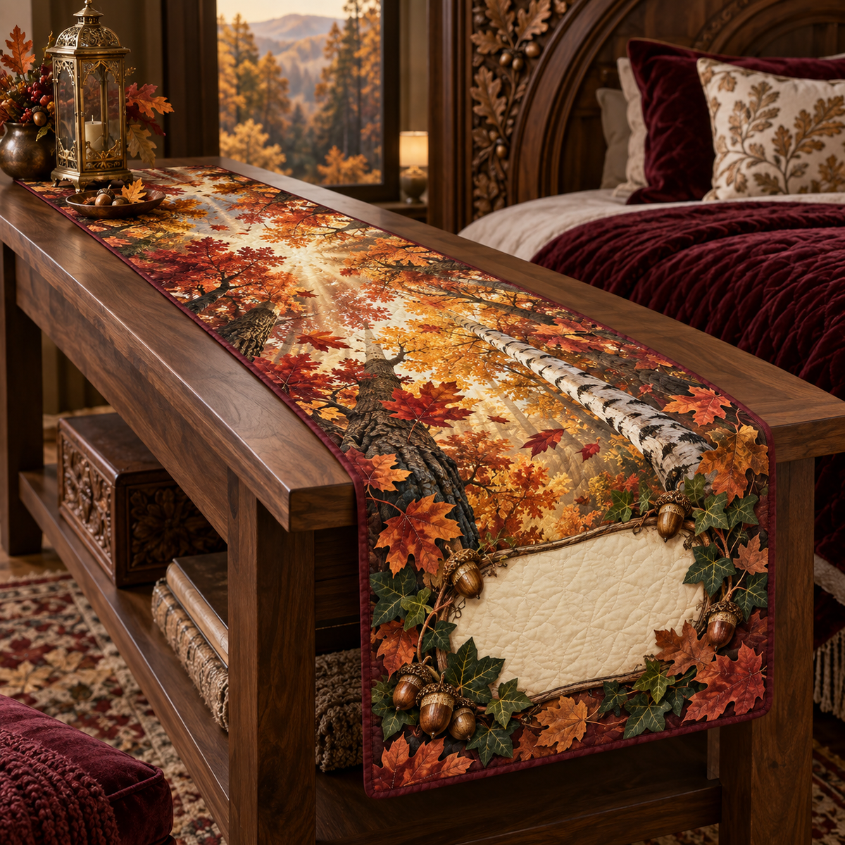 One table runner with a dramatic autumn canopy, carved walnut arch, brass lantern and blank parchment name plaque.