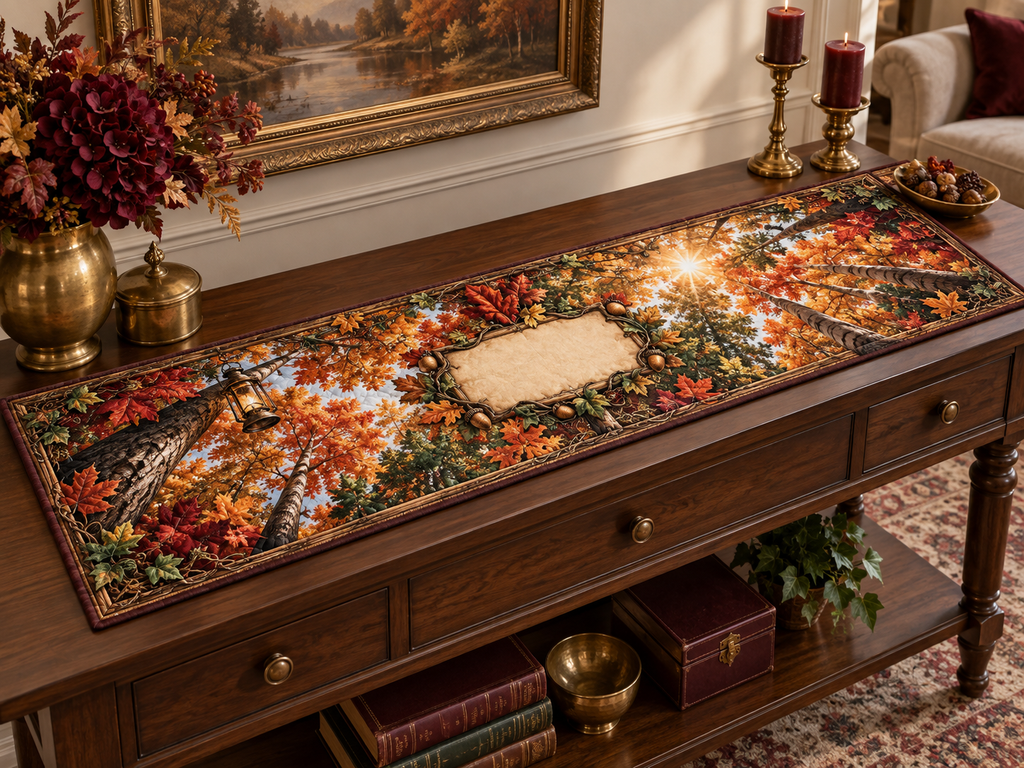 One table runner with a dramatic autumn canopy, carved walnut frame, brass lantern and blank parchment name plaque.