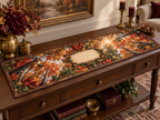 One table runner with a dramatic autumn canopy, carved walnut frame, brass lantern and blank parchment name plaque.