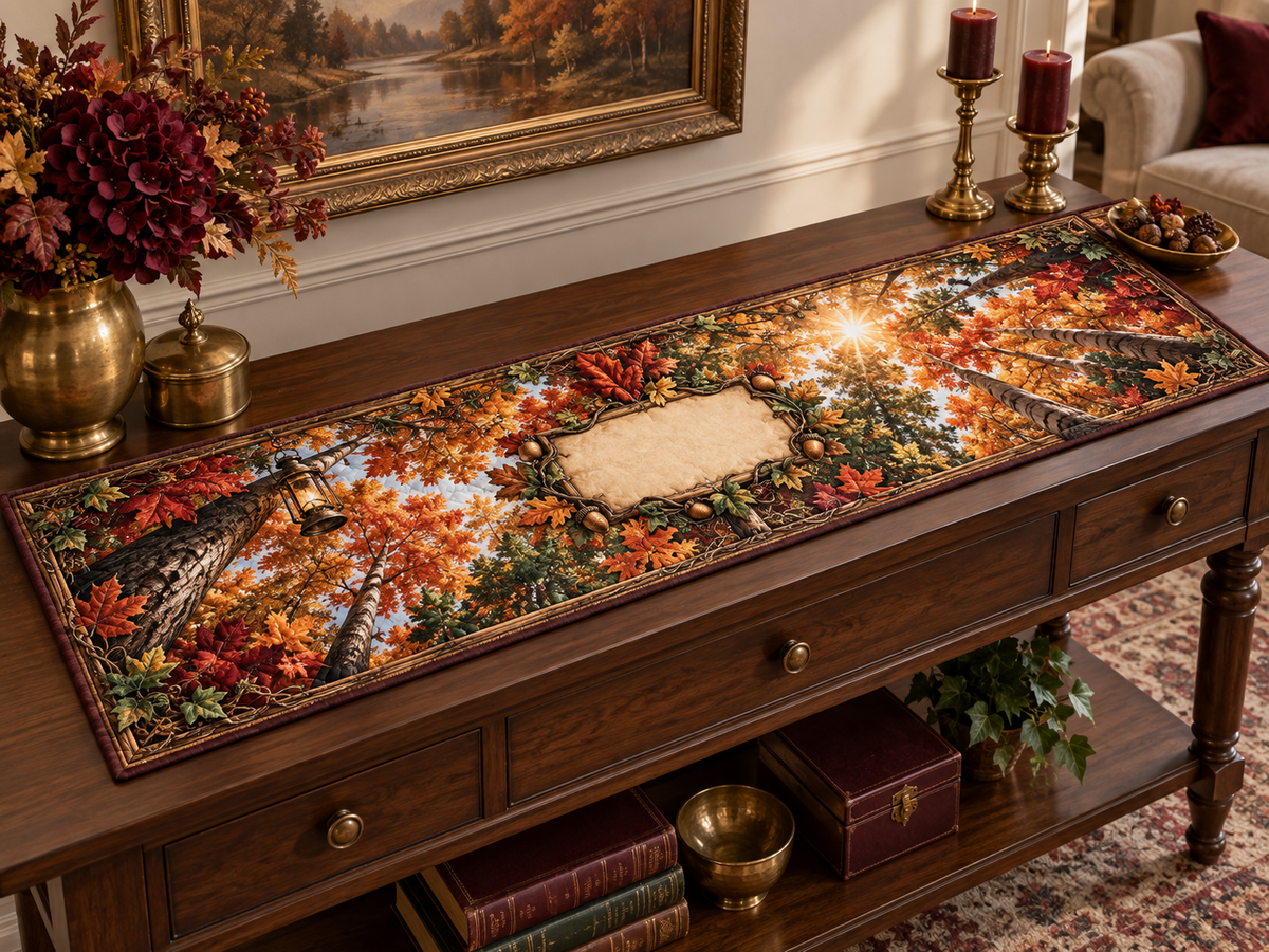 One table runner with a dramatic autumn canopy, carved walnut frame, brass lantern and blank parchment name plaque.