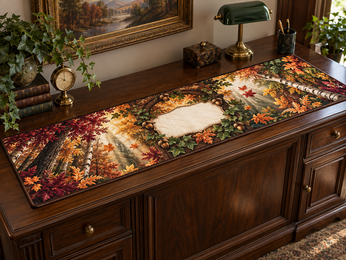 One table runner with a vaulted autumn canopy, walnut library arch, banker lamp and blank ivory name plaque.
