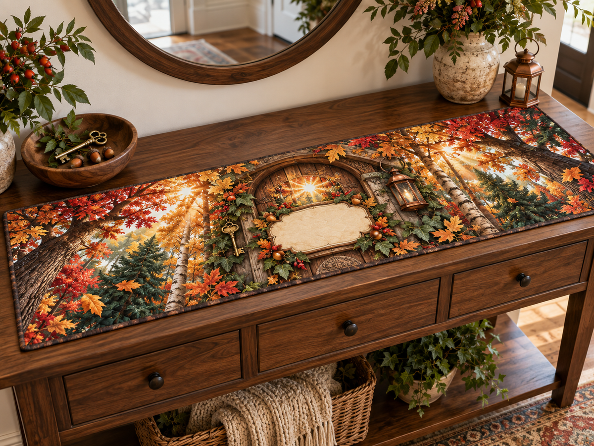 One table runner with an immersive autumn canopy, cottage doorway, brass key, copper lantern and blank cream name plaque.