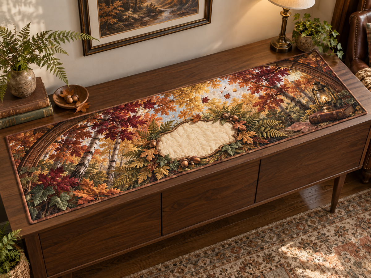 One table runner with a tranquil autumn canopy, walnut reading arch, brass lantern, closed book and blank cream name plaque.