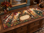 One table runner with a rare autumn canopy, walnut collector arch, brass magnifying glass, museum lantern and blank parchment name plaque.
