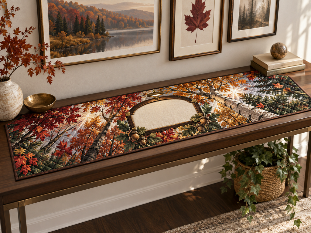 One table runner with a graphic autumn canopy, black-walnut gallery arch, brass accents, picture light and blank linen name plaque.